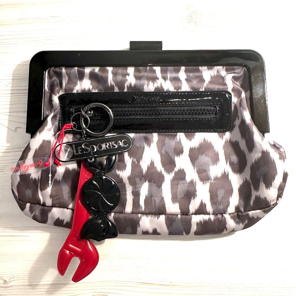 LeSportsac Gray & White Printed Clutch with Red Charm